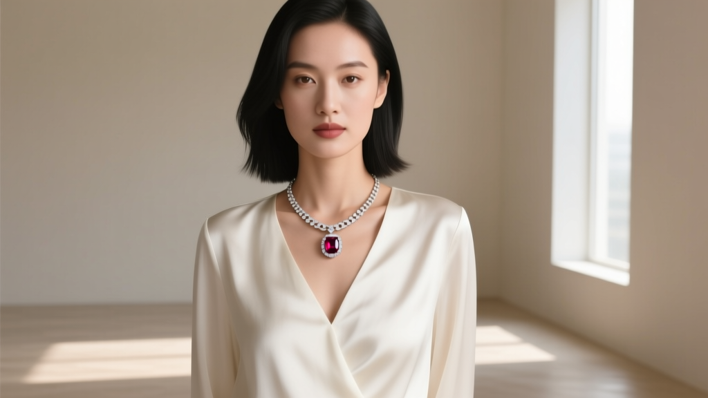 Woman in a V-neck silk blouse wearing a bezel-set emerald cut ruby pendant on a delicate 16-inch white gold box chain necklace