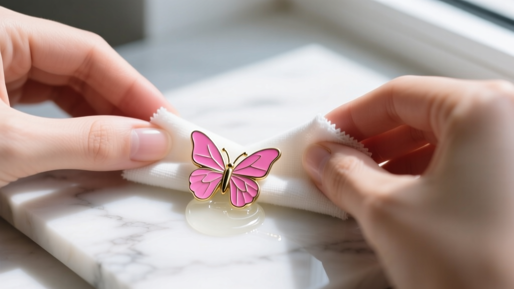 Hands cleaning a pink enamel butterfly earring with a microfiber cloth and mild soap solution on a bright white marble surface.