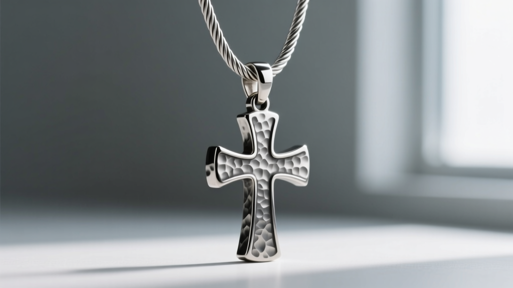 Side profile of a 2mm stainless steel cable chain threaded through the bail of a heavy, die-struck hammered steel cross pendant.