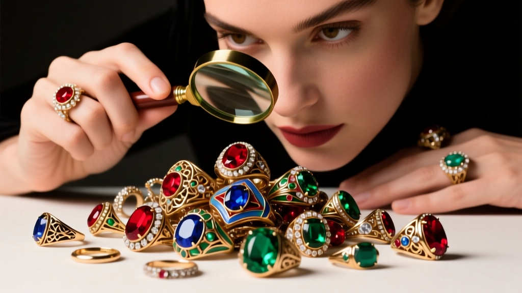 Person holding a 20x loupe to examine a pile of mixed vintage costume jewelry rings under warm directional studio light