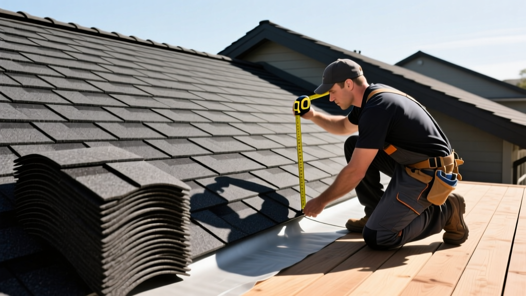 Closely stacked bundles of dark charcoal architectural asphalt shingles on a residential roof deck with a roofer measuring underlayment