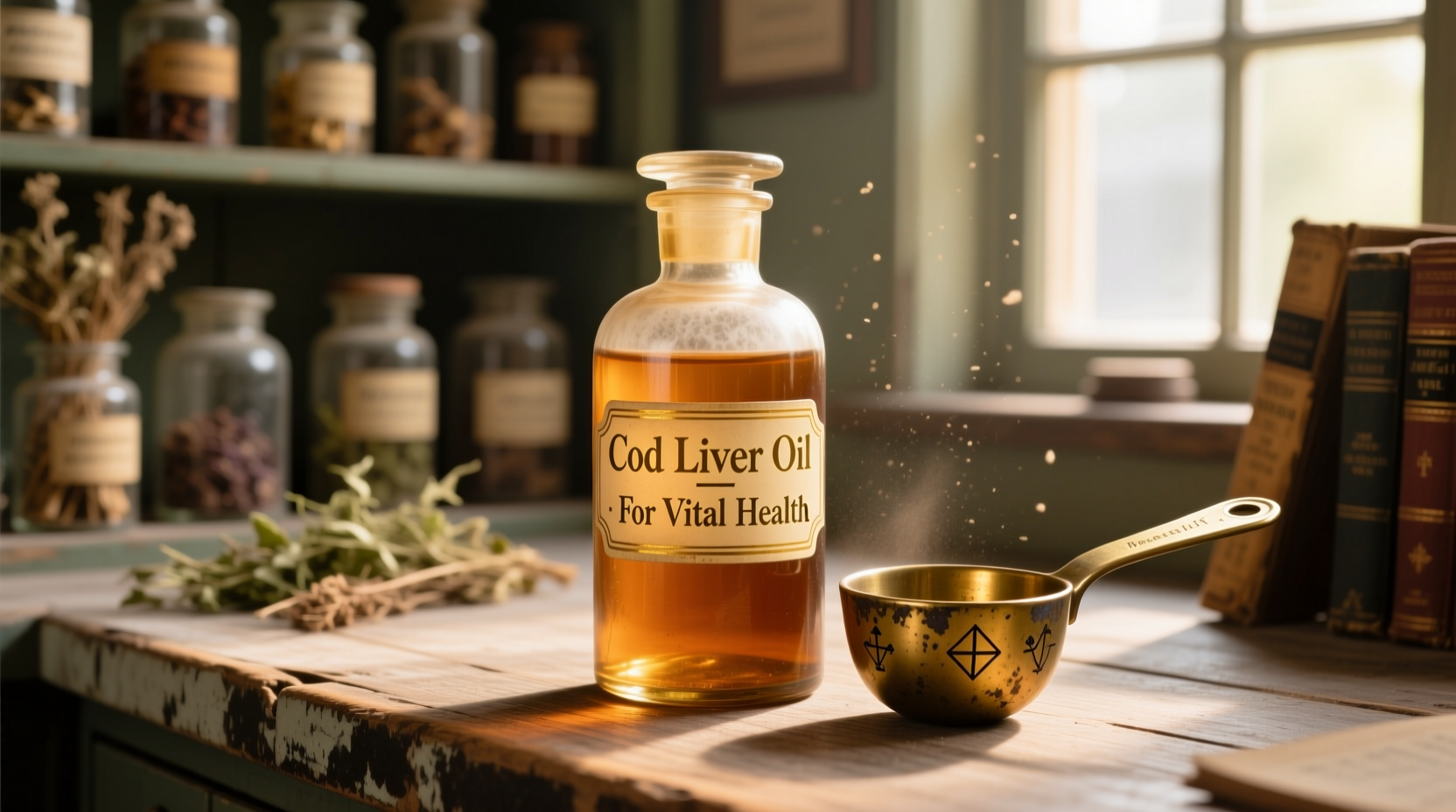 Cod liver oil bottle with measuring spoon