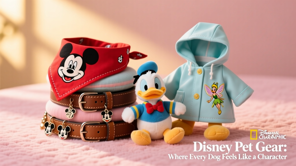 A stack of Disney-themed dog accessories: bandana, collar, squeaky toy, and raincoat arranged neatly on a pastel background