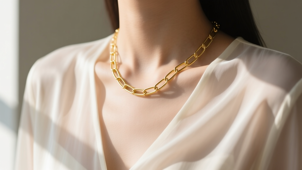 Delicate 14k yellow gold paperclip chain on a silk blouse collarbone, soft natural window light, minimalist K-fashion aesthetic.