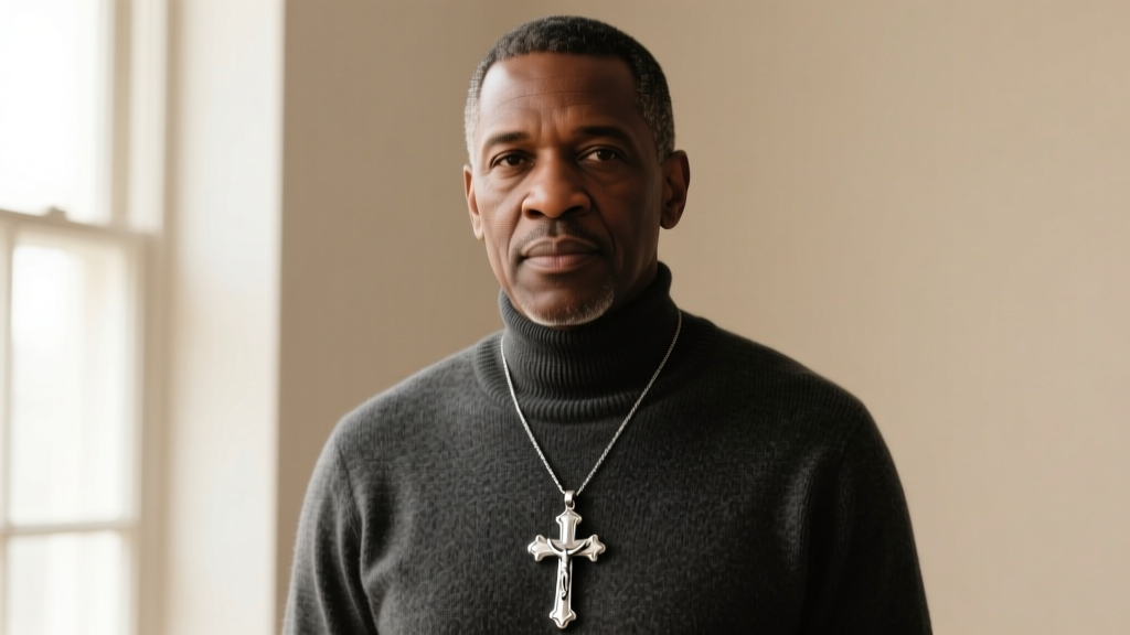 A man wearing a stainless steel papal cross necklace over a dark grey crewneck sweater, highlighting the pendant's proportions.