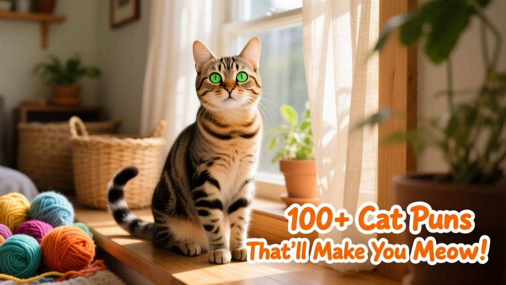 A playful, expressive tabby cat sitting upright with curious eyes, perfect for a lighthearted naming article