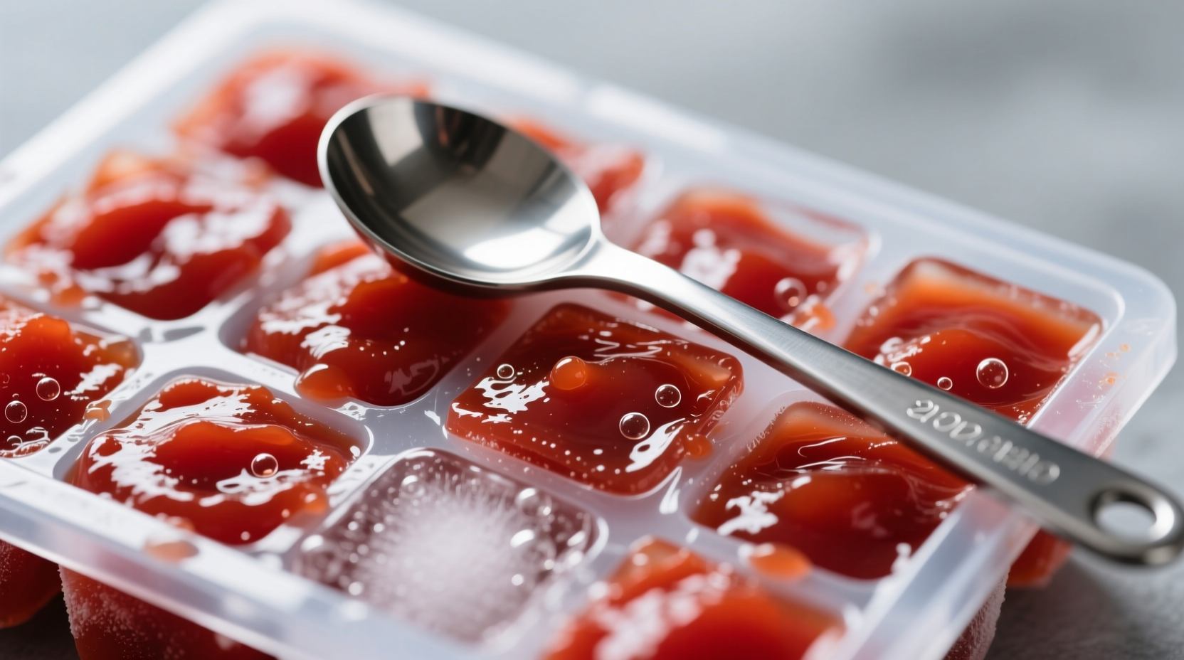 Tomato paste frozen in ice cube tray with measuring spoon