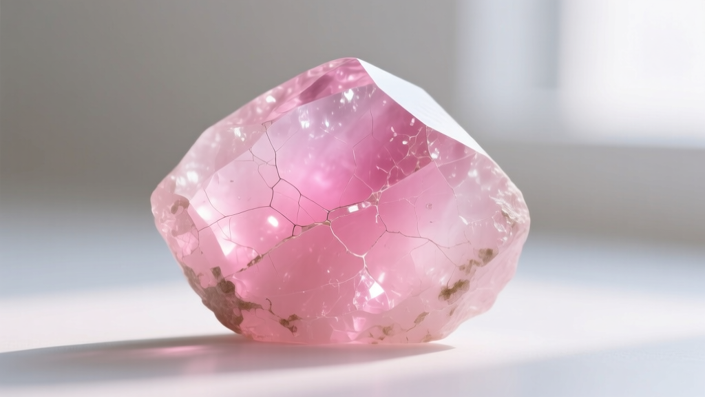 Macro shot of untreated pink jadeite's fibrous crystal structure carved into a serene Buddha face, lit by natural window light.
