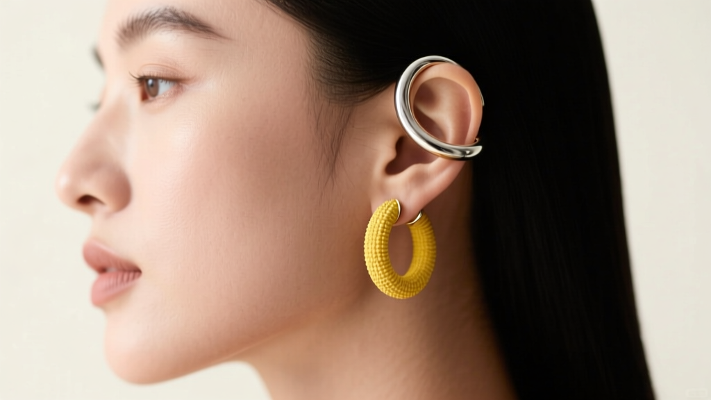 Profile portrait of a model wearing a textured yellow gold small hoop earring on the lobe paired with a sleek silver helix cuff