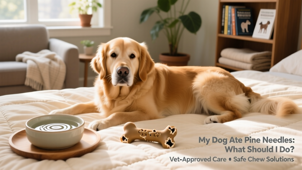 Dog lying comfortably on a soft bed with a water bowl nearby and a chew-safe toy beside them