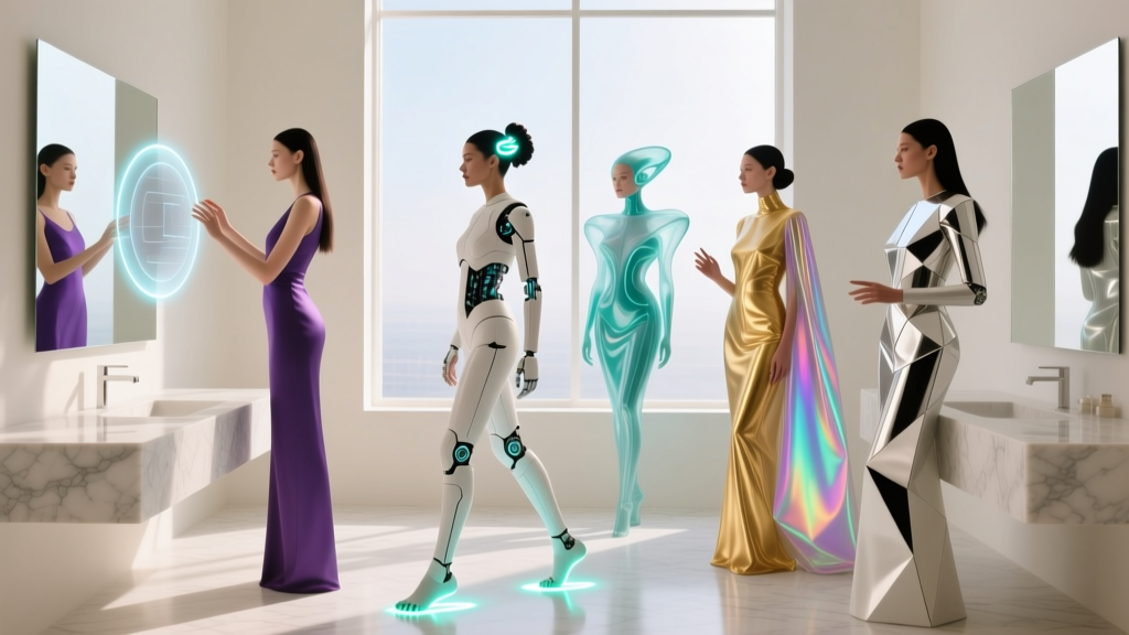 A sleek marble vanity displaying five unique, futuristic women
