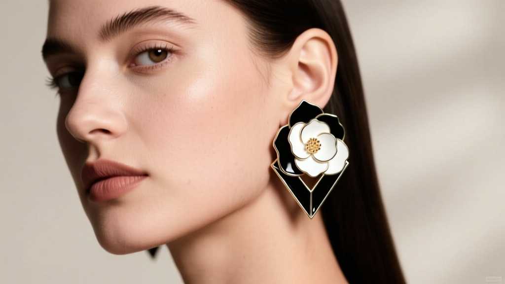Profile portrait of a woman wearing geometric black and white enamel camellia stud earrings, showing the scale against her jawline