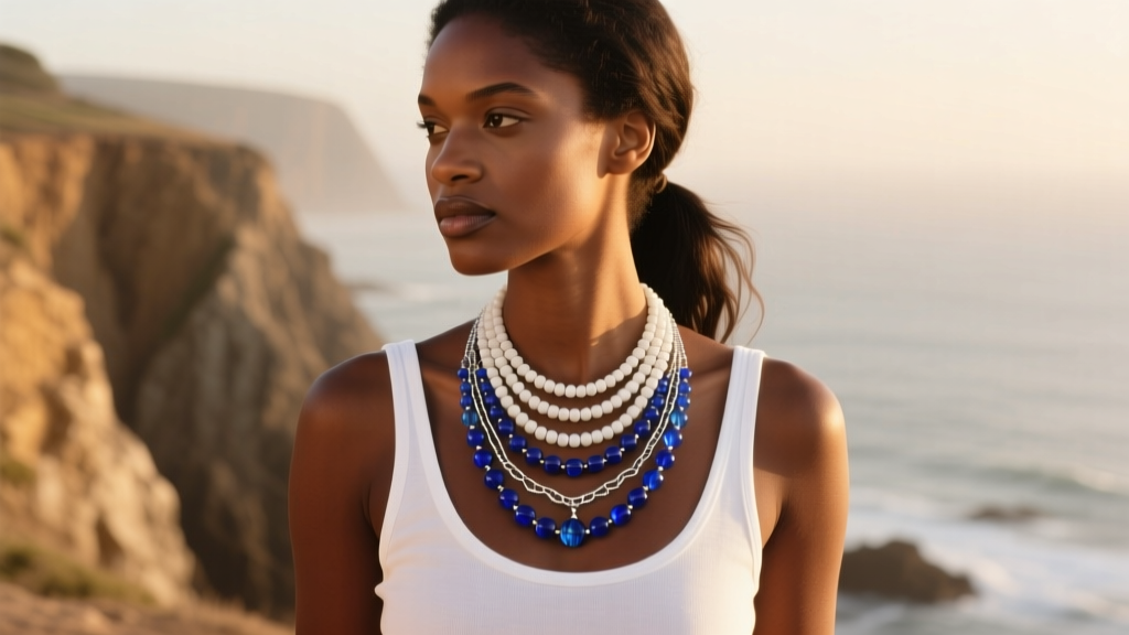 Fashion editorial shot of a model wearing a layered white and blue beaded Yemaya-inspired necklace with a casual white tank top.