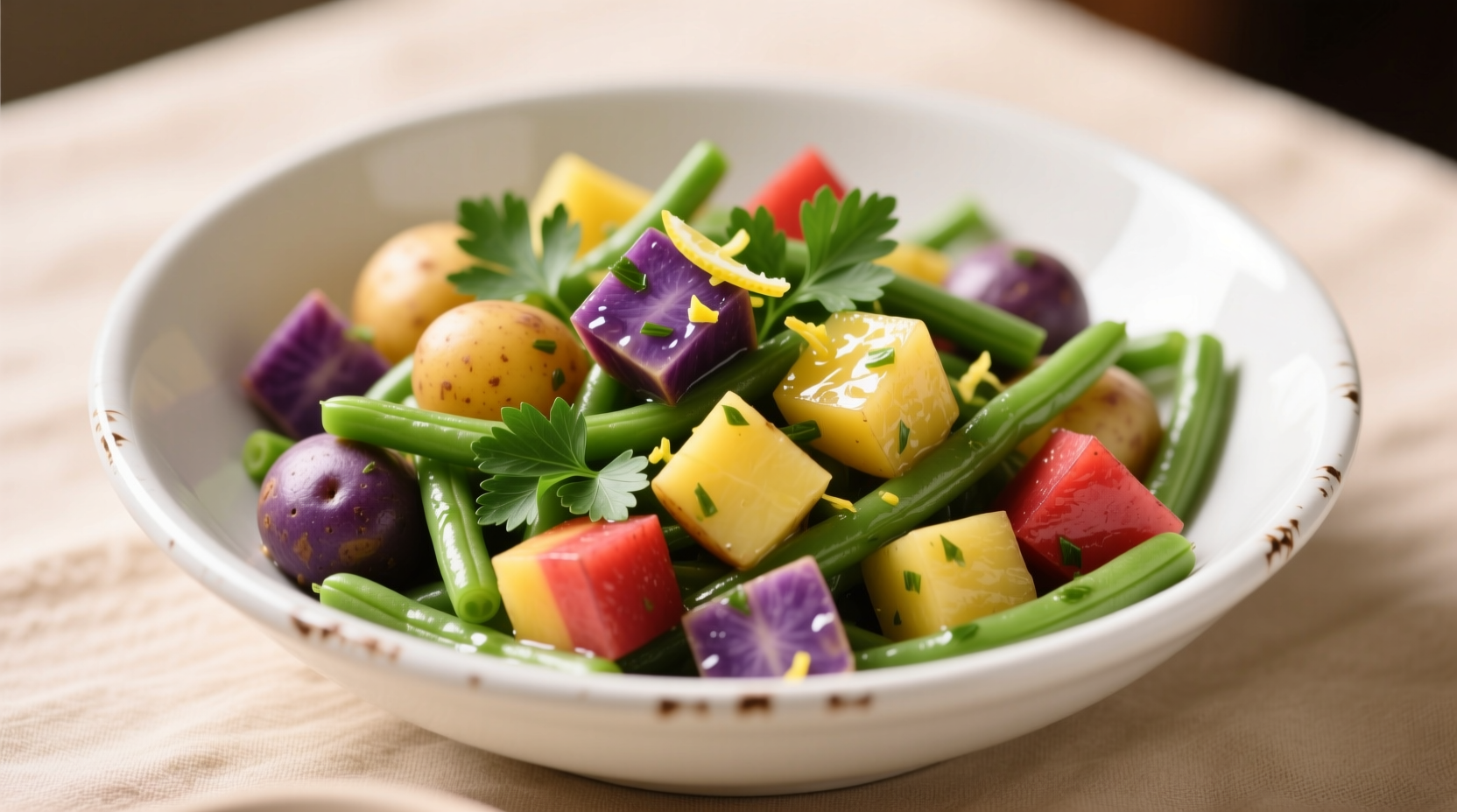 Colorful potato and green bean salad in white bowl
