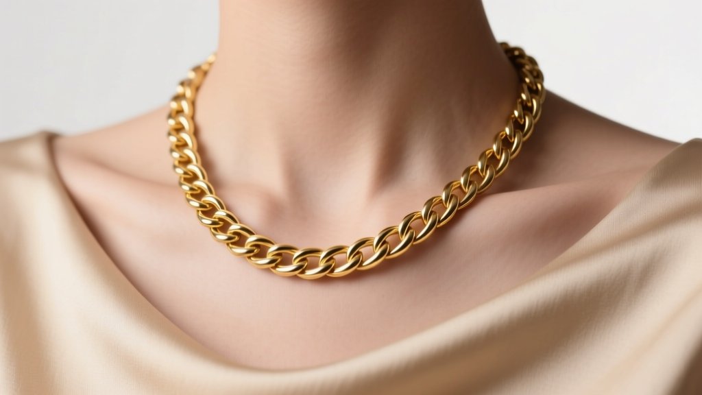 Close-up of a 16-inch 14k gold cable chain necklace resting on a collarbone, soft studio lighting, neutral beige top