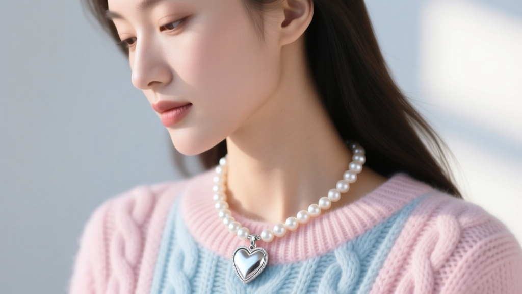Profile view of a woman wearing an 18-inch pearl and silver heart pendant necklace against a soft pastel knit sweater backdrop