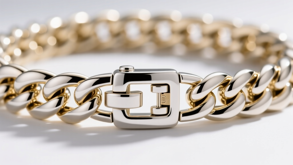 Macro shot of a secure box clasp with dual safety catches on an 18k white gold Cuban link chain, showing polished metal texture.