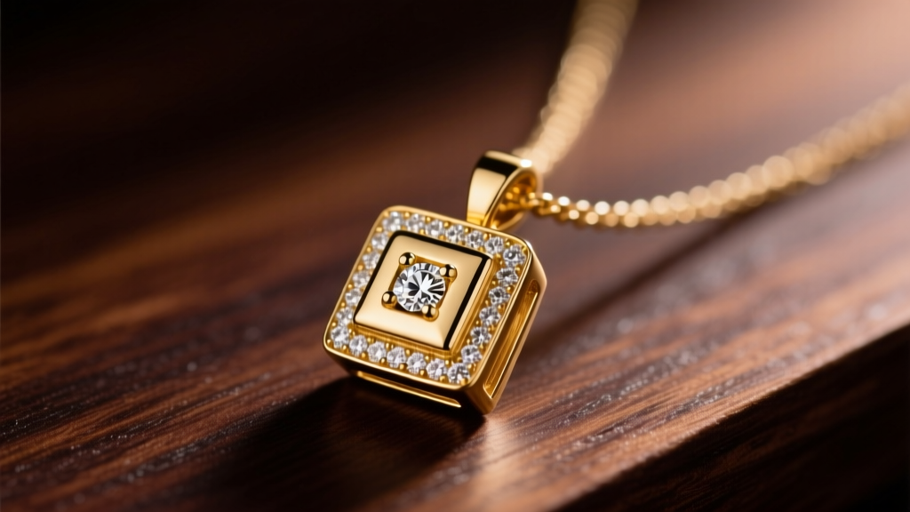 Macro shot of a 10k gold block O pendant necklace with diamond accent on a dark mahogany wood surface under soft studio lighting