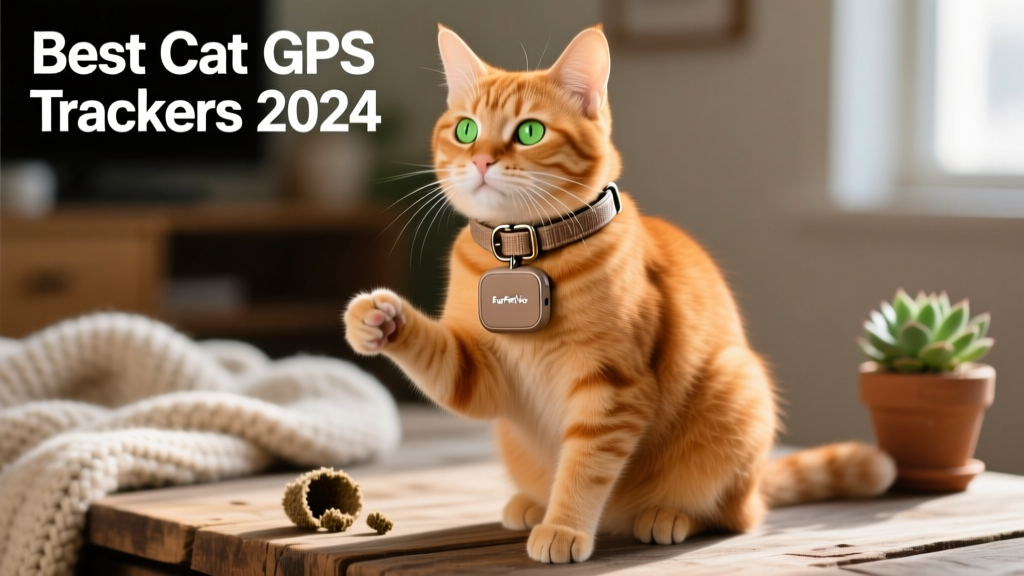 A FurPetVo Mini GPS tracker attached to a stylish, adjustable cat collar on a ginger cat