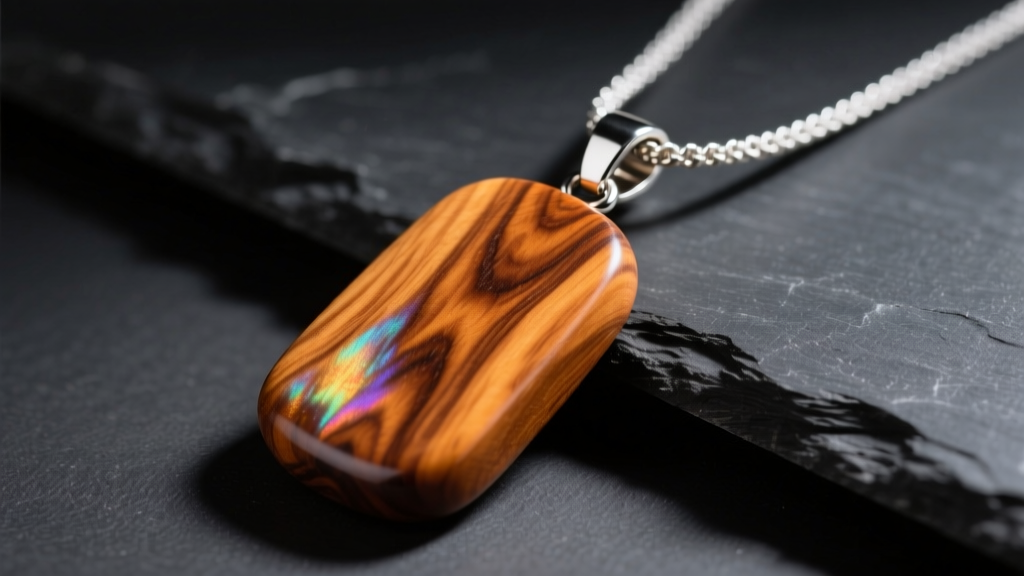 Polished Koa wooden pendant necklace on dark slate, highlighting chatoyant wood grain and a sterling silver threaded metal bail.
