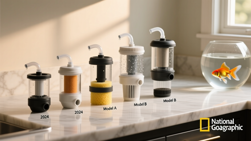 Side-by-side comparison of five popular goldfish filter models on a clean countertop