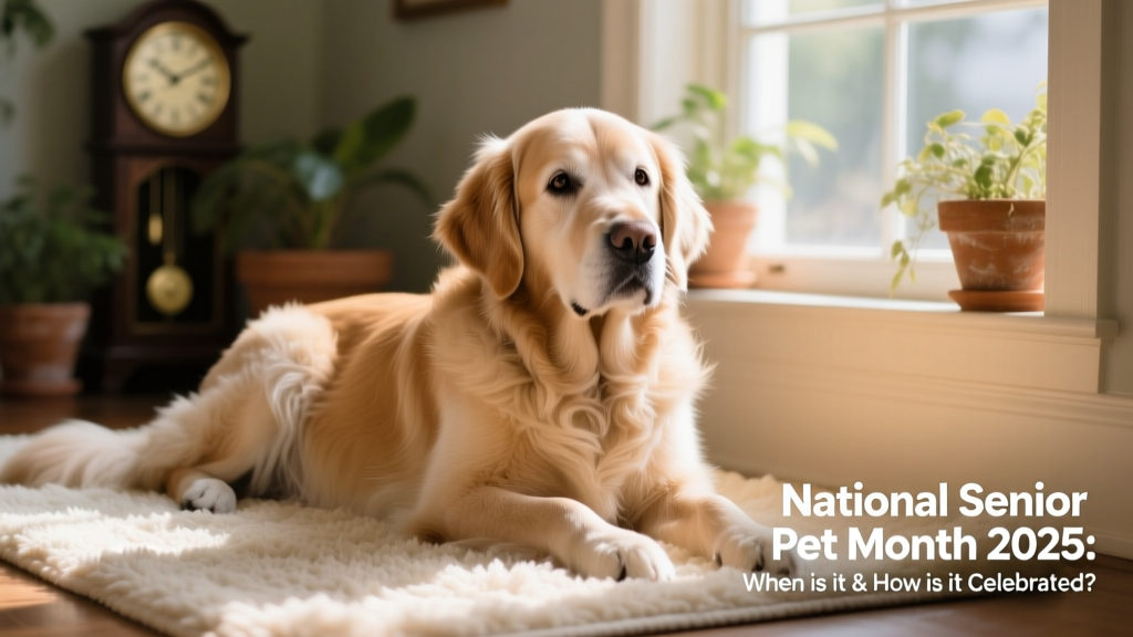 Senior golden retriever resting gently on a soft rug beside a window