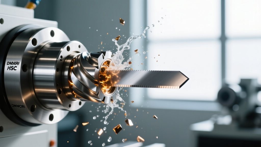 Close-up of a DMG MORI HSC series spindle cutting a medical grade titanium orthopedic implant with high-speed 5-axis simultaneous toolpaths