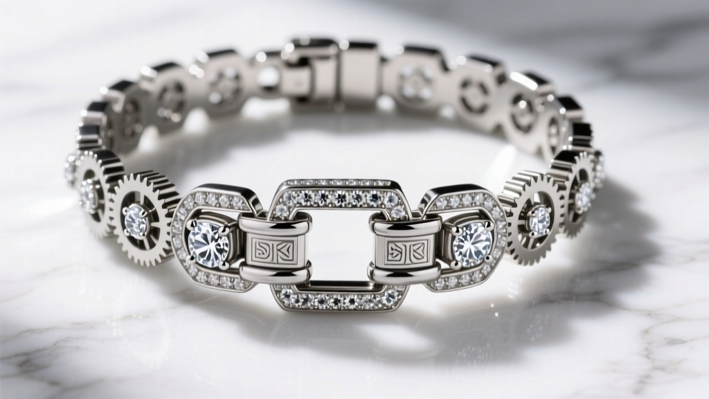 Overhead view of a reinforced double-box clasp with safety catches on a heavy diamond collar, showing mechanical precision.