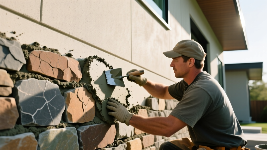 Mason applying mortar to install rough-cut Pennsylvania fieldstone veneer on a modern home exterior foundation wall