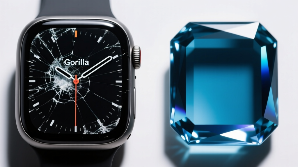 Scratched Gorilla Glass smartwatch face next to a pristine sapphire crystal display under harsh directional laboratory lighting.