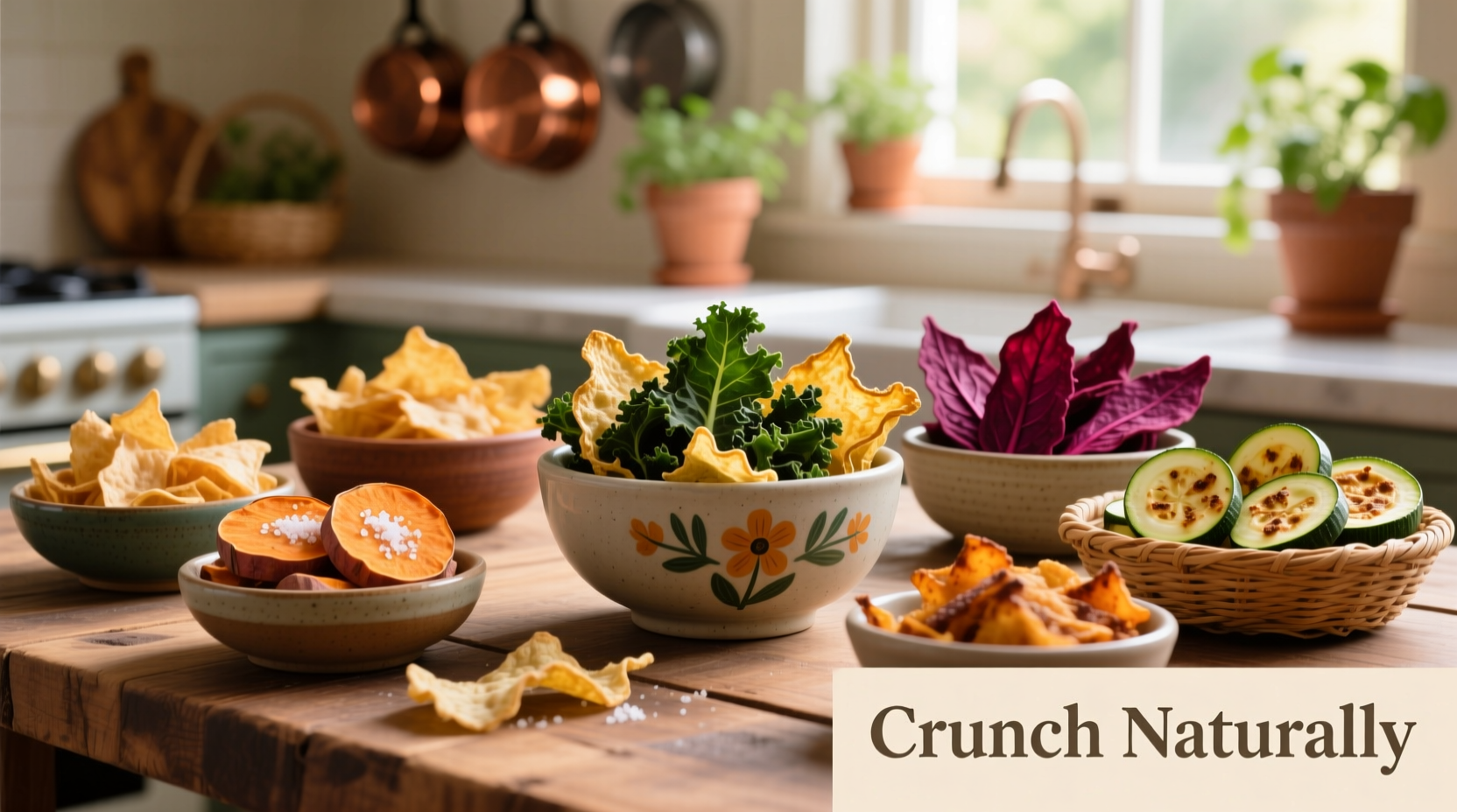 Colorful array of healthy chip alternatives on wooden table