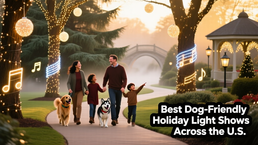 Families and dogs walking together along a glowing pathway lined with animated light displays and decorated trees in a botanical garden