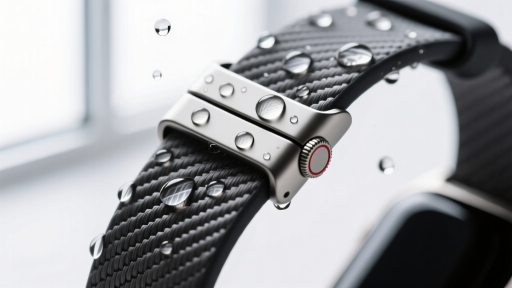 Synthetic sweat droplets on an aramid fiber smartwatch band magnetic clasp during a 72-hour laboratory durability stress test.