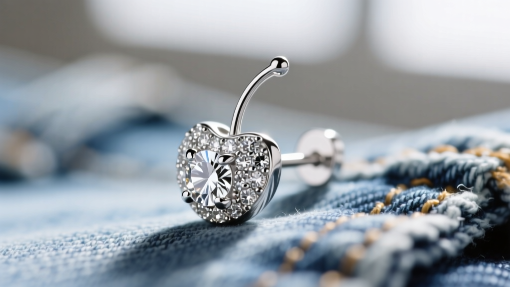Macro shot of a 20-gauge sterling silver ice cream stud earring with a pave diamond cherry, angled against soft blurred denim