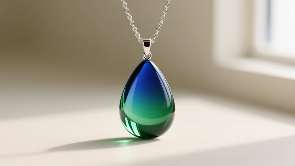 Macro shot of a teardrop glass mood necklace pendant shifting from deep blue to emerald green on a delicate sterling silver chain