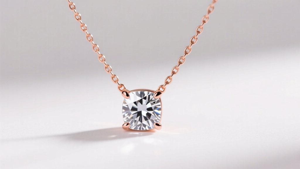 Fancy light pink diamond solitaire pendant on a delicate 14k rose gold cable chain necklace against soft studio lighting.