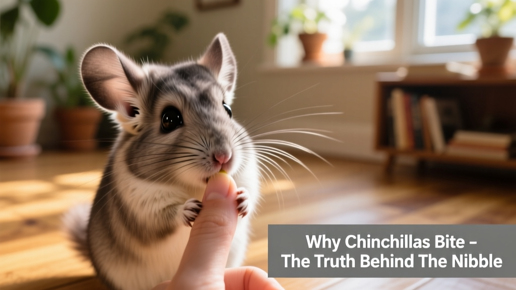 Close-up of a chinchilla gently nibbling a human finger during a calm, trusting interaction