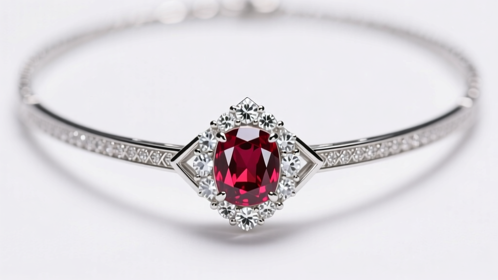 Macro shot of a platinum high jewelry necklace with a 10-carat unheated ruby and flawless diamonds under soft studio lighting