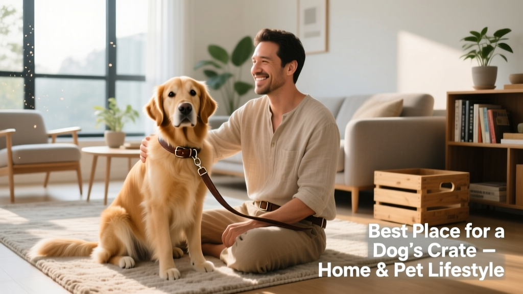 A dog on a leash gently tethered to an owner’s belt while both sit together in a sunlit living room
