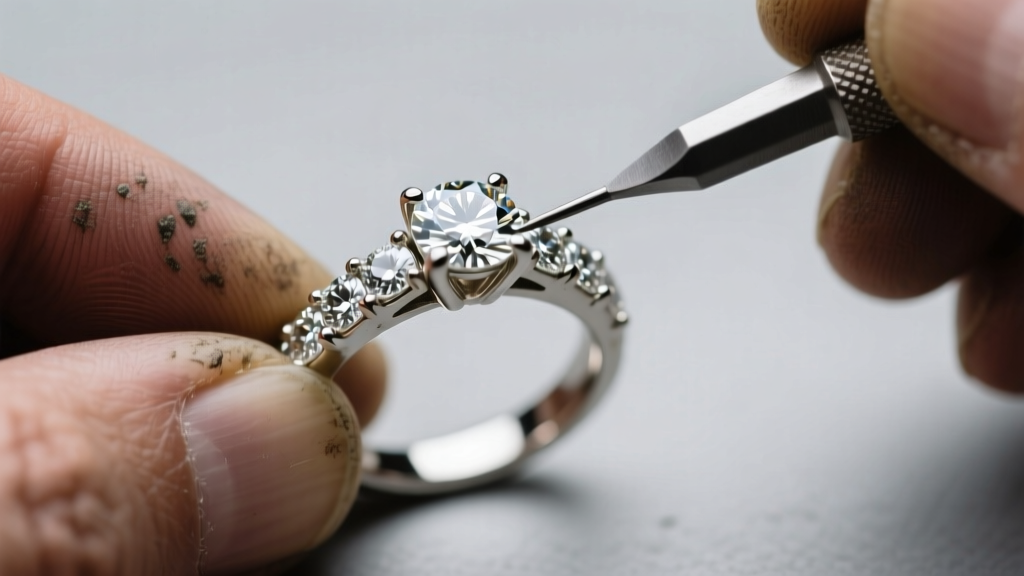 Macro shot of a micro-pave diamond ring undergoing prong retipping, showing worn white gold settings and a jeweler's loupe