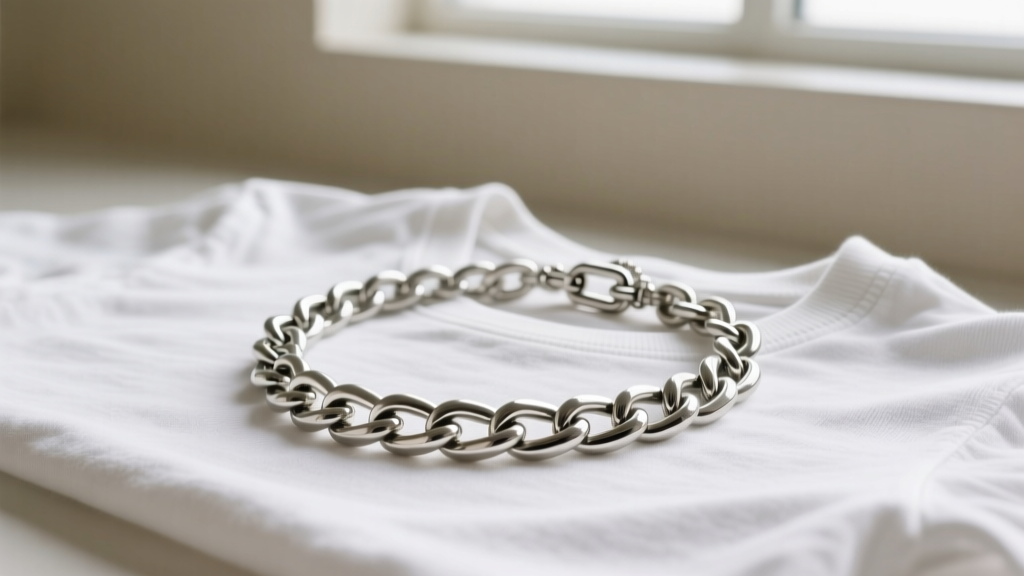 Chunky silver-plated chain necklace resting on a white vintage t-shirt, soft natural light highlighting the metal links and clasp.