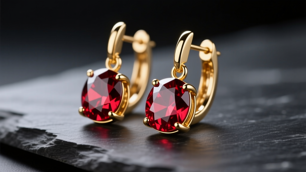 Close-up of 14k gold red garnet dangle earrings resting on a dark slate surface, illuminated by soft directional studio lighting.