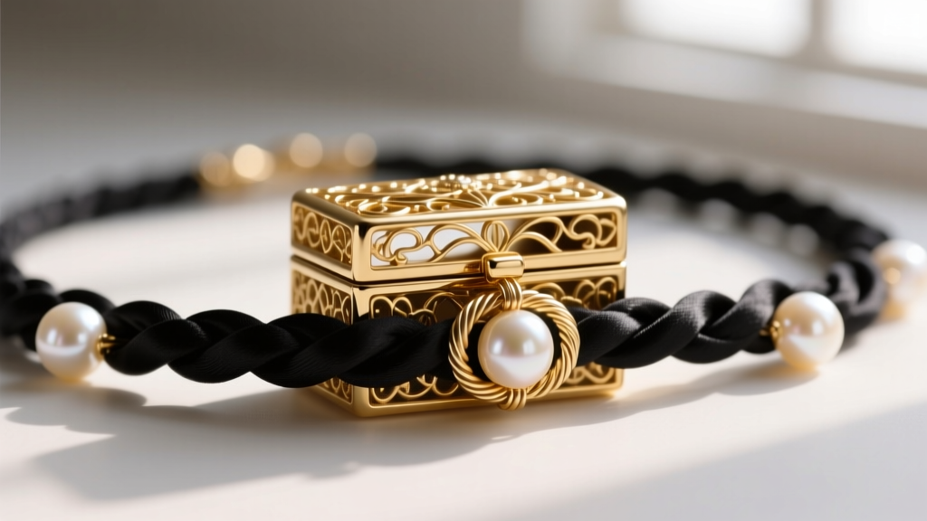 Macro shot of a 14k gold filigree box clasp on a knotted silk CD pearl necklace, showing the French wire guard at the connection
