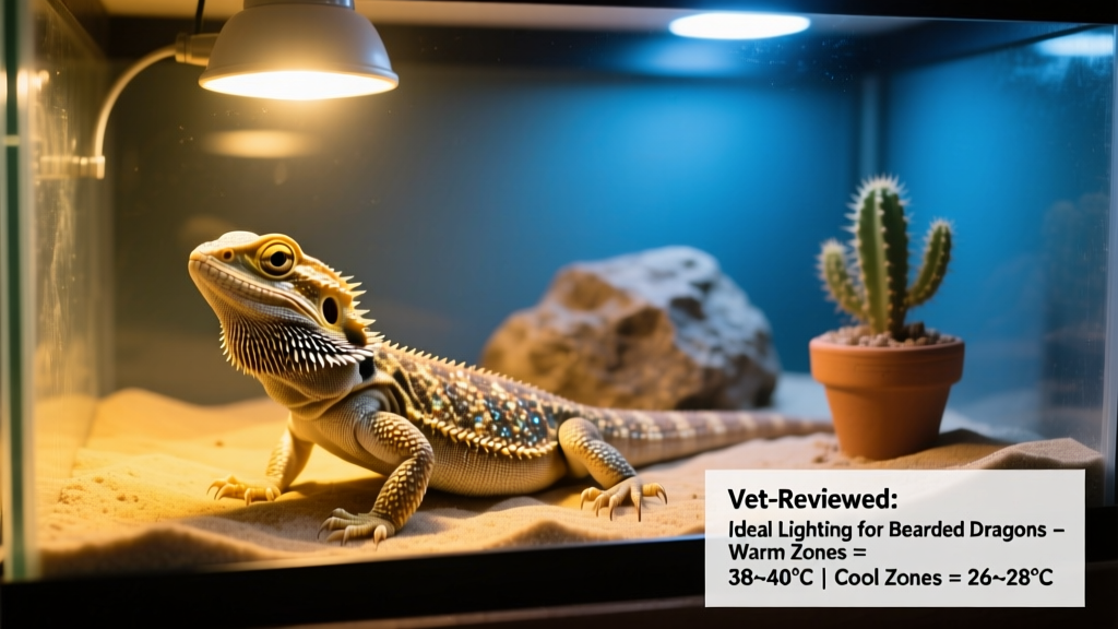 Bearded dragon basking under a spotlight with visible gradient from warm to cool zone in its enclosure