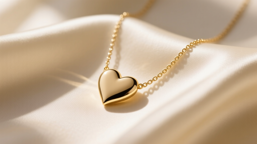 Gold heart necklace on cream silk, soft morning light, top-down macro view, detailed luxury fashion jewelry editorial photo.