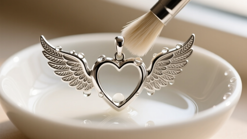 Macro shot of a sterling silver winged heart pendant cleaned gently with a soft-bristled brush and mild soap in a ceramic bowl