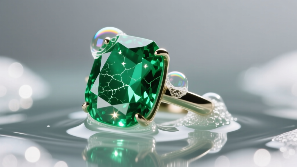 Close-up of a green emerald ring in soapy water, showing inclusions and surface fractures inside the gem under bright light.