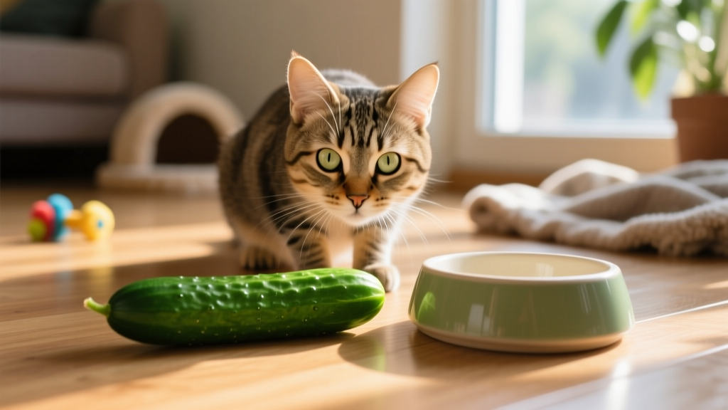 A curious cat cautiously approaching a green cucumber placed on the floor beside its food bowl