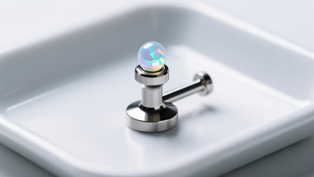 Close-up of polished titanium dermal anchor base with 3mm opal top on sterile surgical tray under bright clinical lighting.