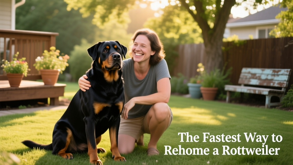 A calm, well-mannered Rottweiler sitting beside a smiling adult in a sunny backyard